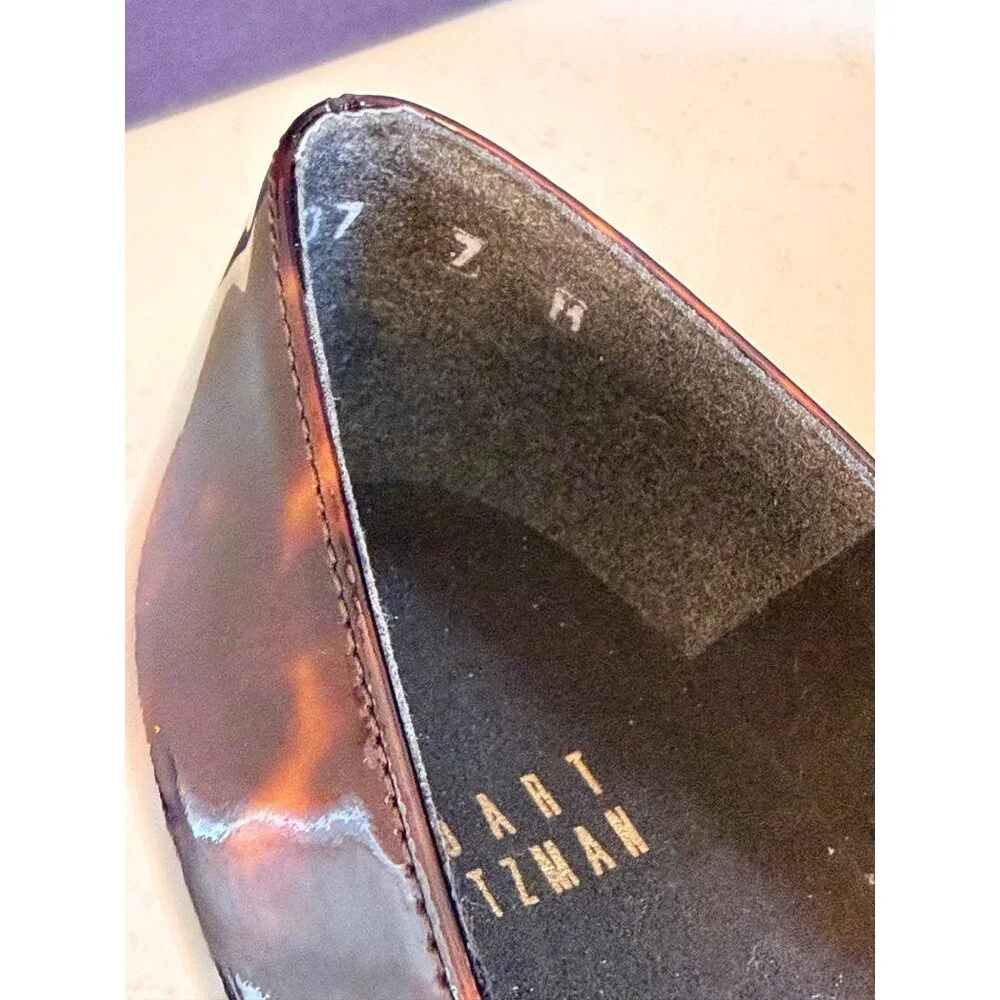 Stuart Weitzman Nusimple Cognac Tartaruga Patent Leather Wedge Shoes 7M With Box - Picture 16 of 16